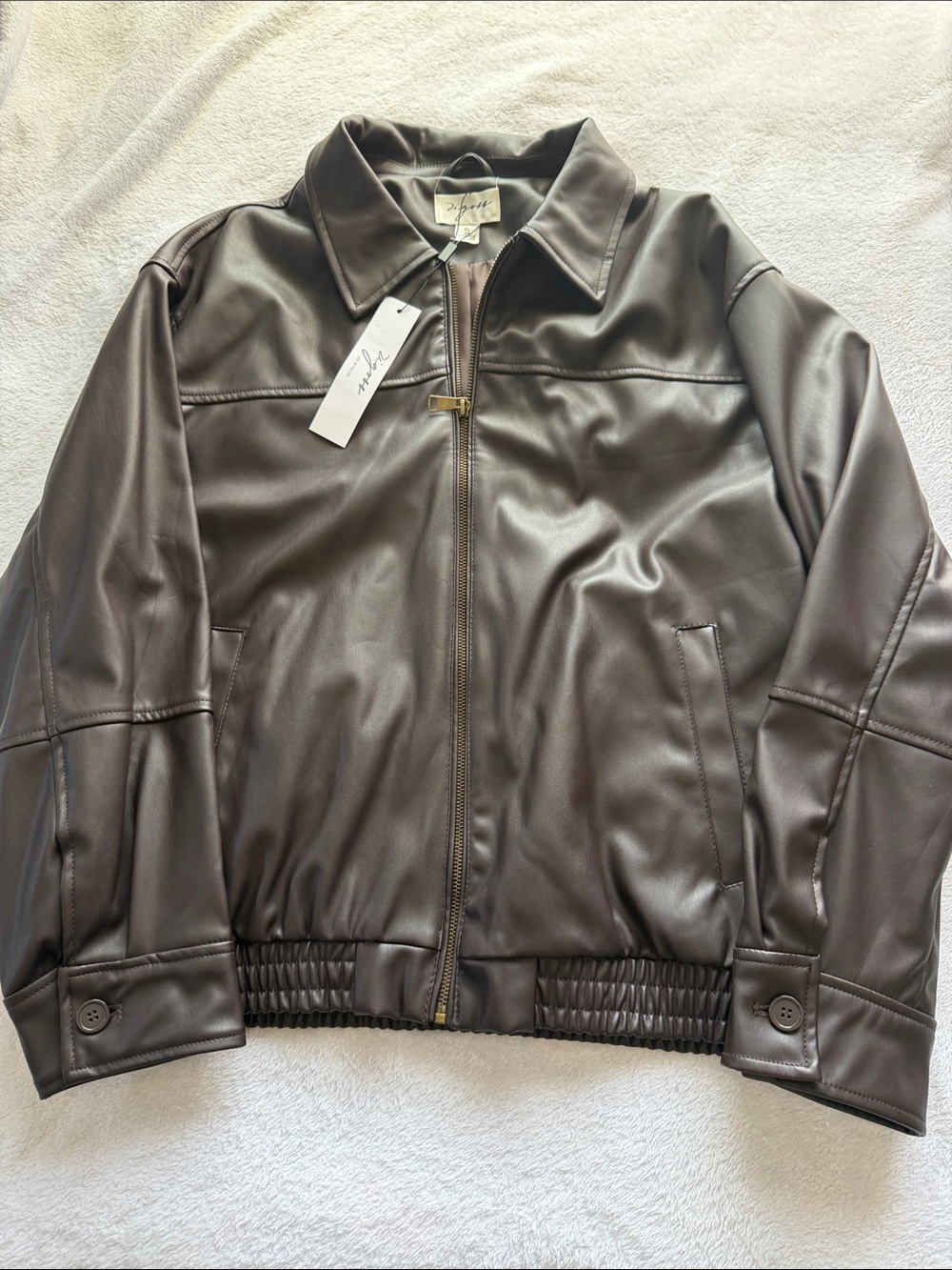 Oversized Dark Brown Faux Leather Zip-Up Jacket